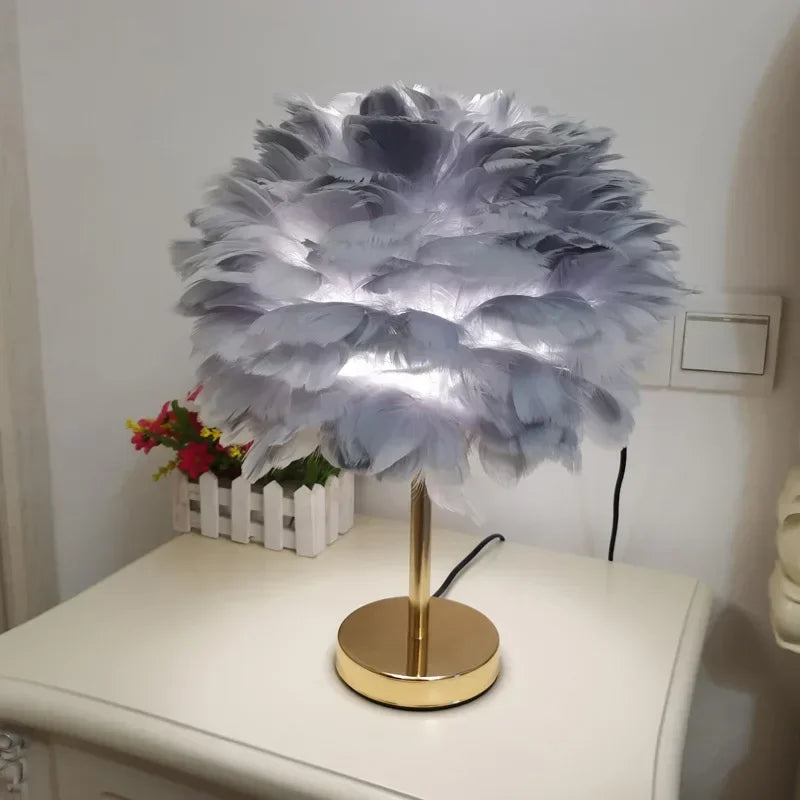 Red Feather Table Lamp for Bedroom and Living Room
