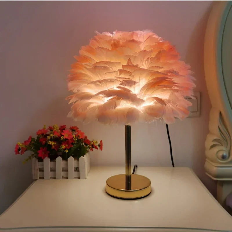 Red Feather Table Lamp for Bedroom and Living Room