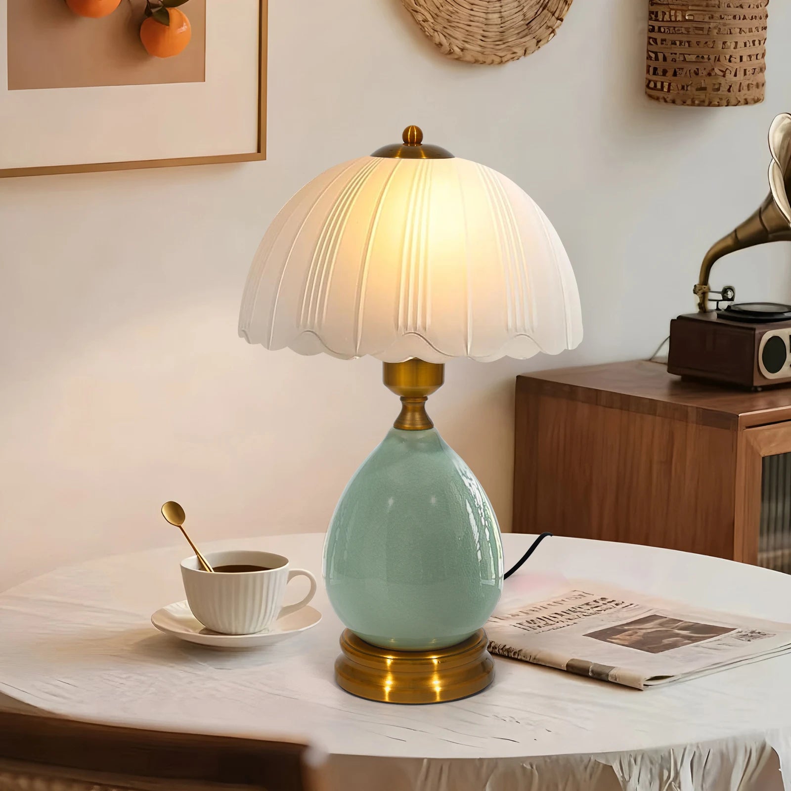 16 Inch Green Ceramic Table Lamp with Dimmable LED